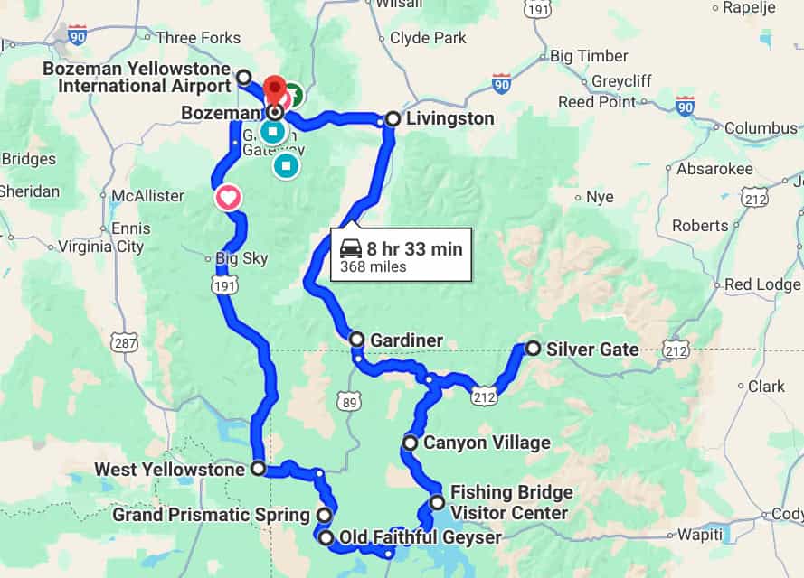 Map showing a driving route through Yellowstone National Park. Stops include Bozeman, Livingston, Gardiner, Canyon Village, and West Yellowstone. Notable landmarks: Old Faithful Geyser and Grand Prismatic Spring. Total distance: 368 miles in 8 hr 33 min.
