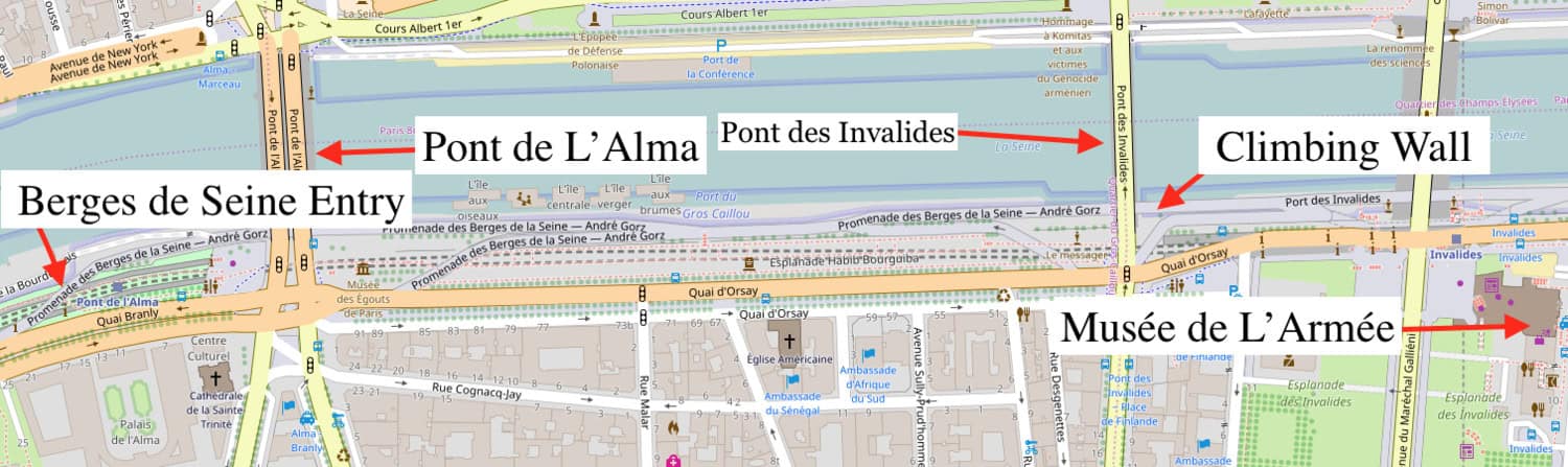 Map of a section in Paris showing the Seine River with Pont de L'Alma and Pont des Invalides bridges. Labeled locations include Berges de Seine Entry, Climbing Wall, and Musée de L'Armée. Streets and surrounding areas are marked.