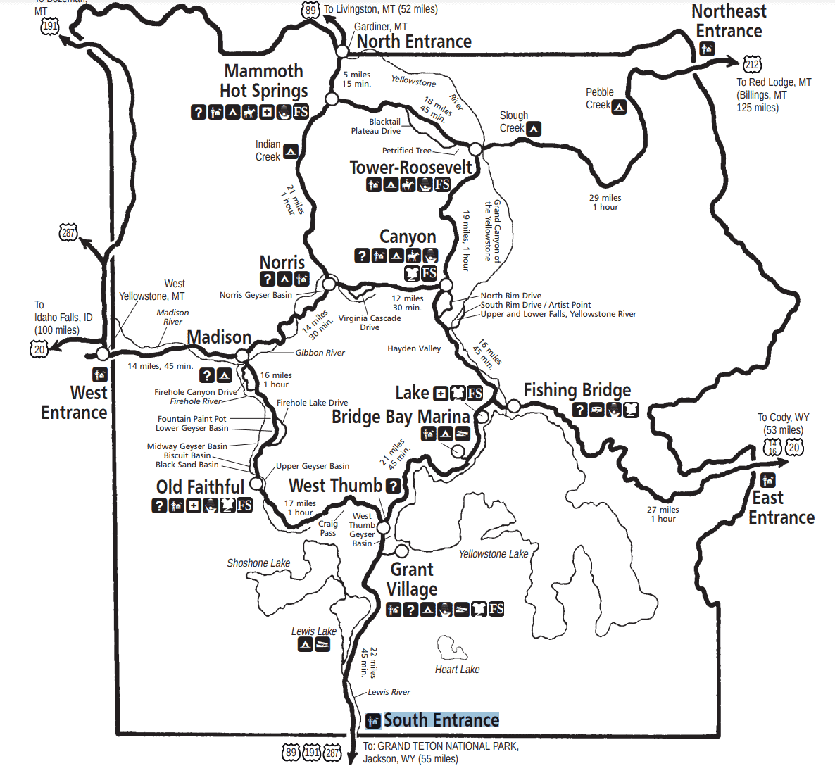 Map of Yellowstone National Park showing entrances, major roads, and locations like Mammoth Hot Springs, Tower-Roosevelt, and more. Find the best entrance to Yellowstone marked north, northeast, east, south, and west for easy access to all key points.