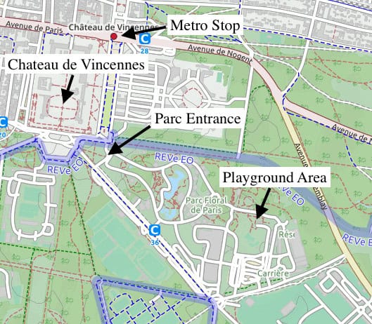 Map of Parc Floral de Paris area showing locations of Chateau de Vincennes, metro stop, park entrance, and playground area with marked arrows. Nearby streets and green park spaces are labeled.