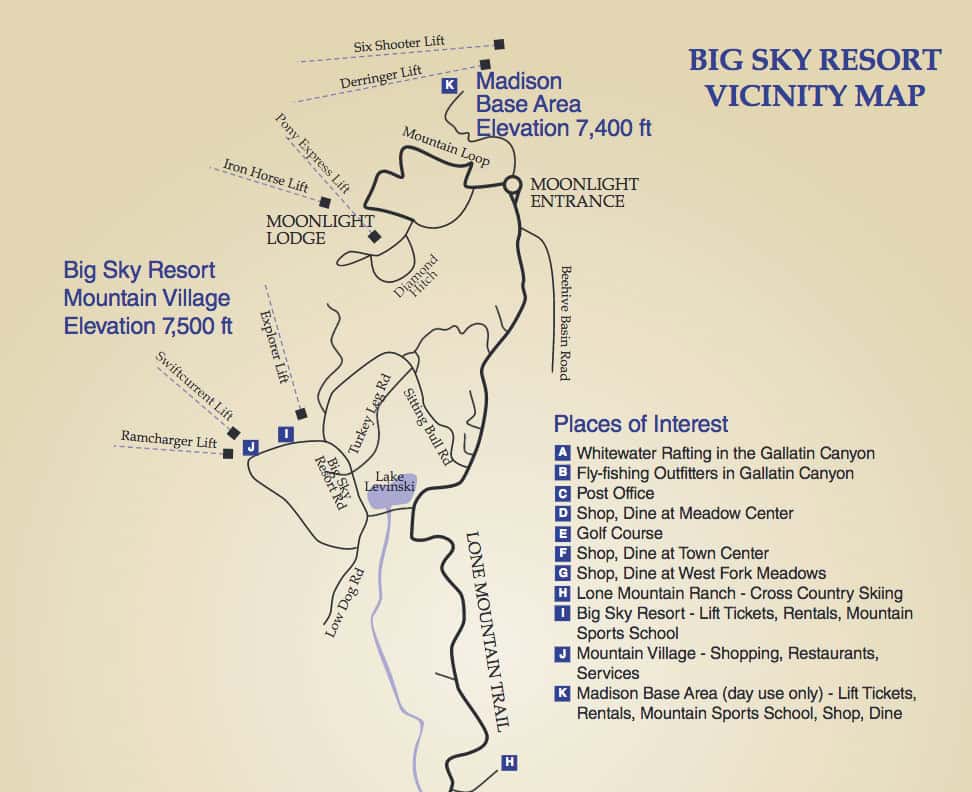 Map of Big Sky Resort area, showing lifts, trails, and places of interest like dining and shops. Includes elevations: Mountain Village at 7,500 ft, Madison Base at 7,400 ft. Highlights activities such as rafting, fly-fishing, and golf.