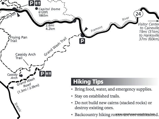 Explore the Capitol Dome area with a detailed map highlighting hiking trails like Frying Pan, Cassidy Arch, and Grand Wash. Discover things to do in Capitol Reef National Park with tips: bring supplies, stay on trails, avoid making cairns, and use existing ones for navigation. Visitor center distances noted.