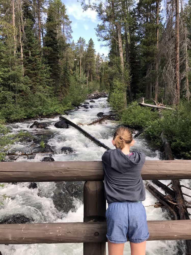 A person in a gray hoodie and blue shorts leans on a wooden railing, looking at a rocky, rushing river surrounded by dense green forest. The sky is partly cloudy, adding brightness to the scenic outdoor setting.