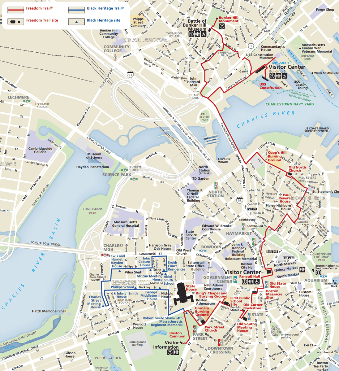 Map of Boston featuring the Freedom Trail in red and the Black Heritage Trail in blue. Key landmarks, visitor centers, and notable sites are labeled. Main roads, parks, and rivers are visible, providing a detailed guide for exploration.