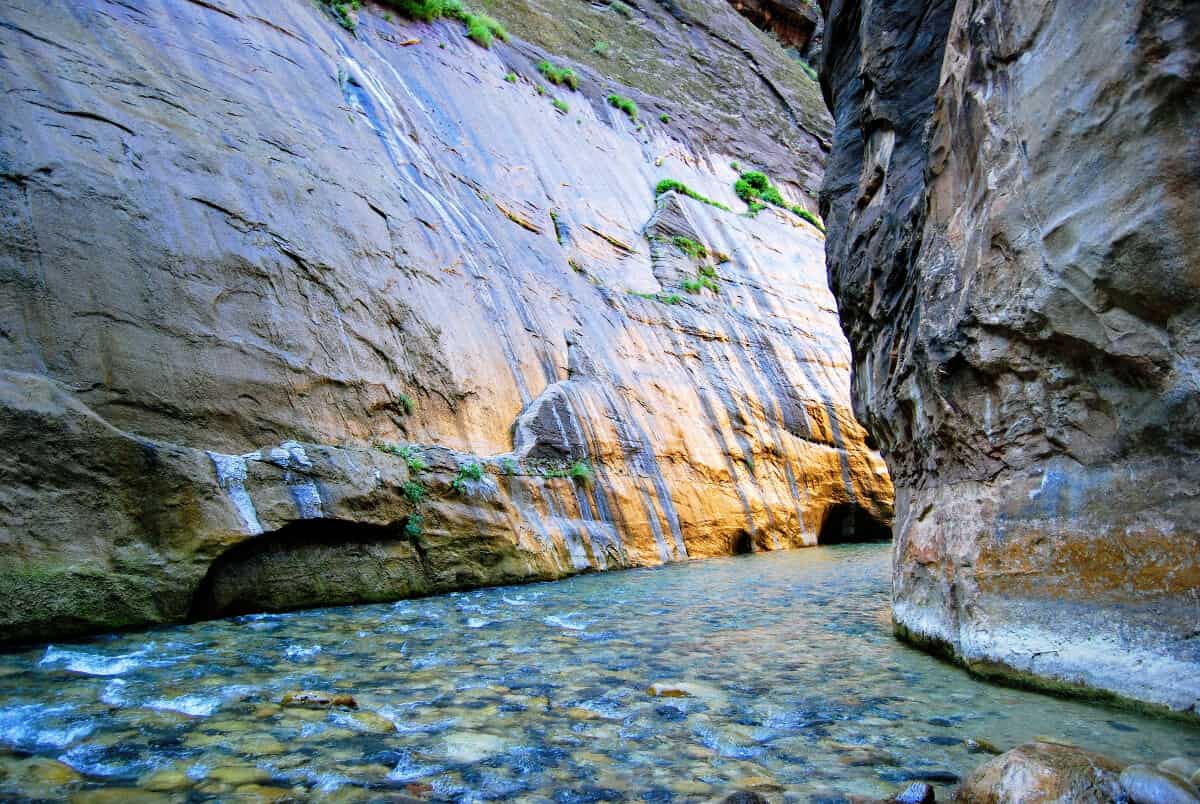 A river flows through a narrow canyon with steep rock walls, reminiscent of an adventurous spring break in Amsterdam. The clear water reveals smooth stones at the bottom, while sunlight illuminates parts of the canyon wall, highlighting the textured surfaces and various shades of brown and gray.