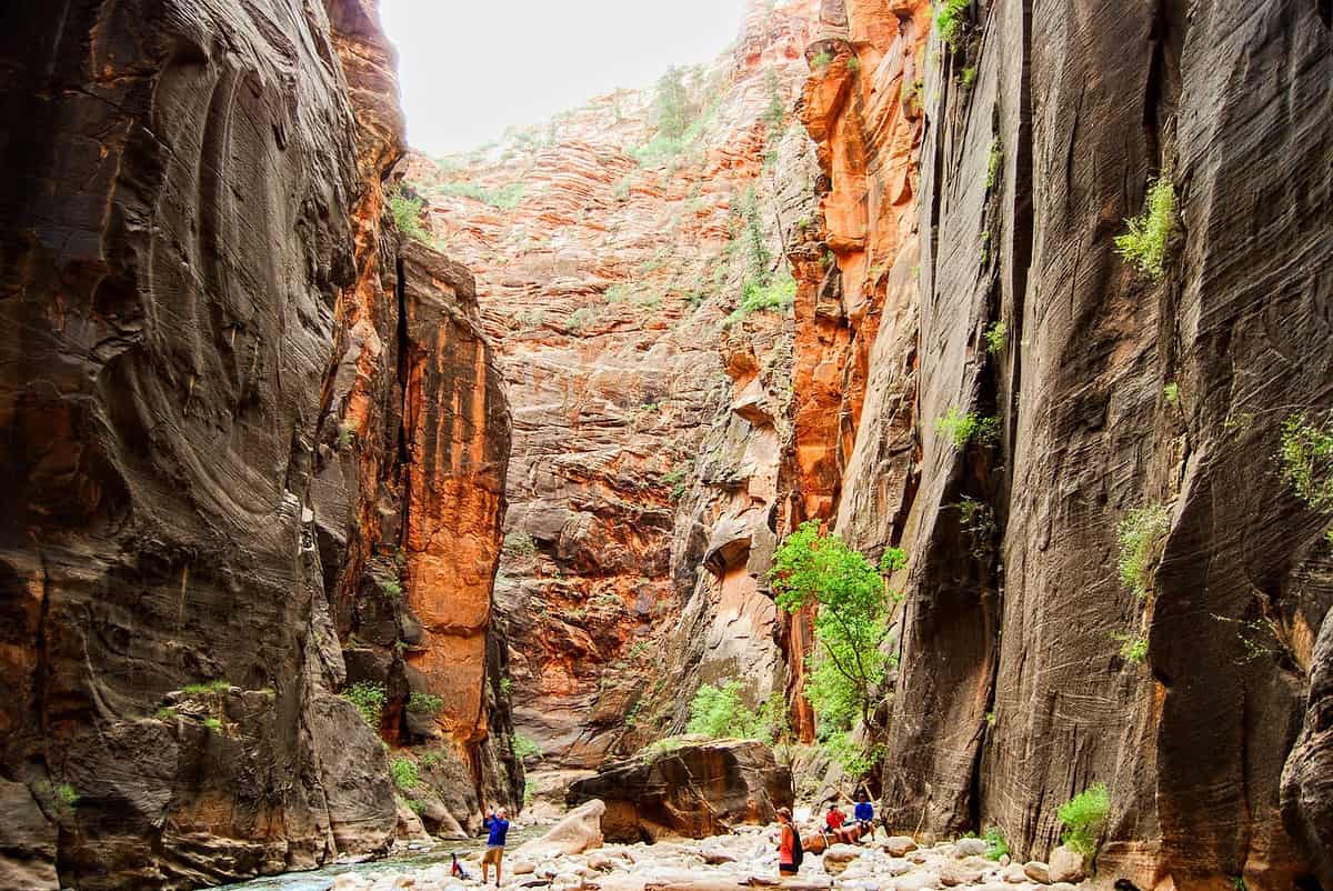 Hikers explore a narrow canyon with towering red and brown cliffs. Sparse greenery clings to the rocky walls, and a shallow stream winds through the center, contrasting with memories of a bustling spring break in Amsterdam. Bright sunlight highlights the rugged texture of the canyon.