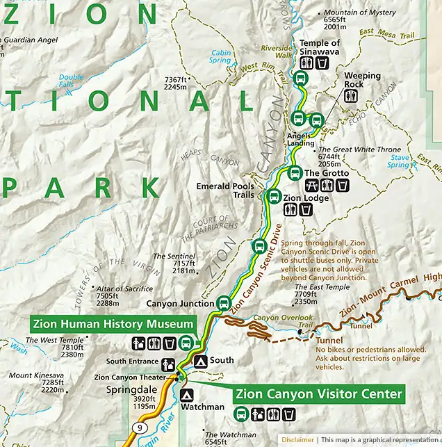 Partial map of Zion National Park showing various trails, landmarks, and shuttle stops along Zion Canyon Scenic Drive, including Zion Lodge, Temple of Sinawava, and the Zion Canyon Visitor Center.