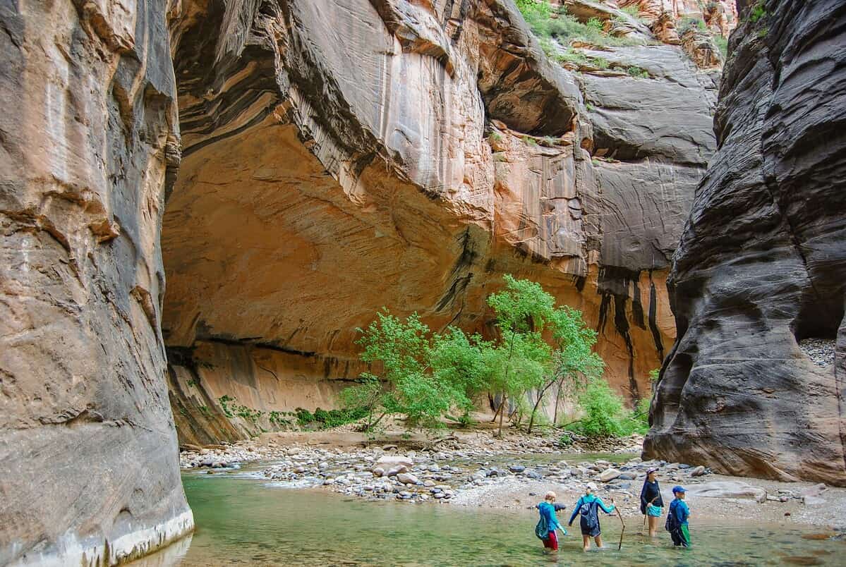 Four people wade through a shallow river between towering canyon walls with green trees and a rocky overhang in the background.