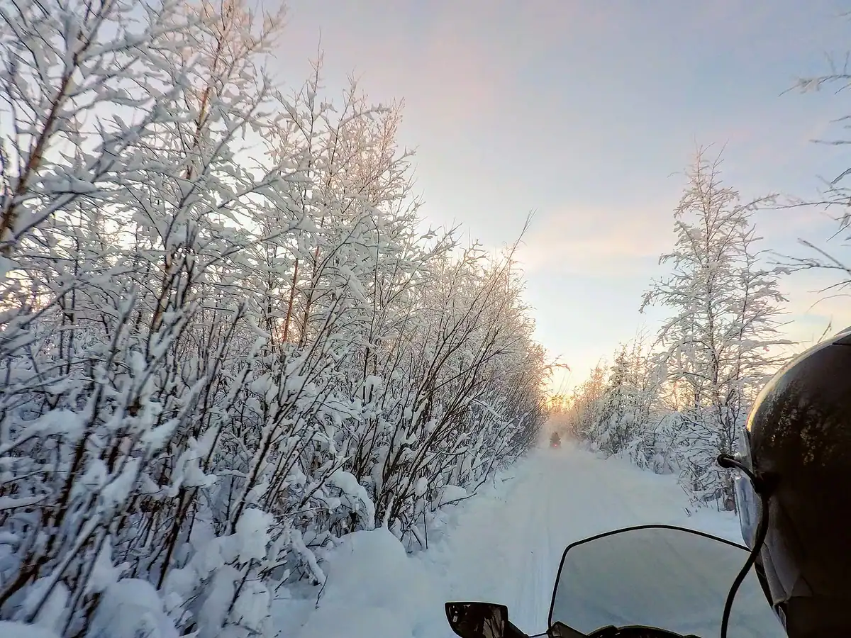 A snow-covered trail lined with frosty trees; a person on a snowmobile is riding into the winter landscape at sunset.