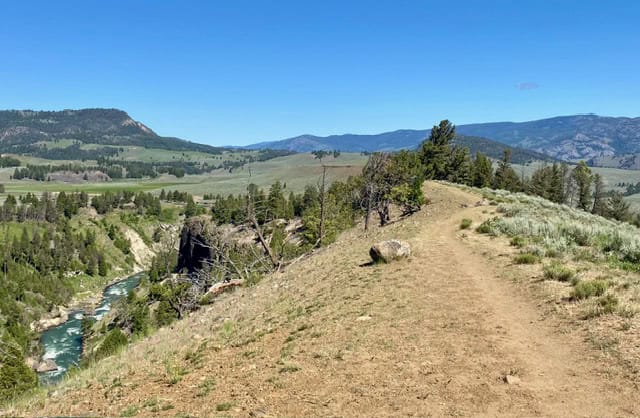 A dirt trail winds along a ridge with trees, overlooking a flowing river and forested valley under a clear blue sky and distant mountains.
