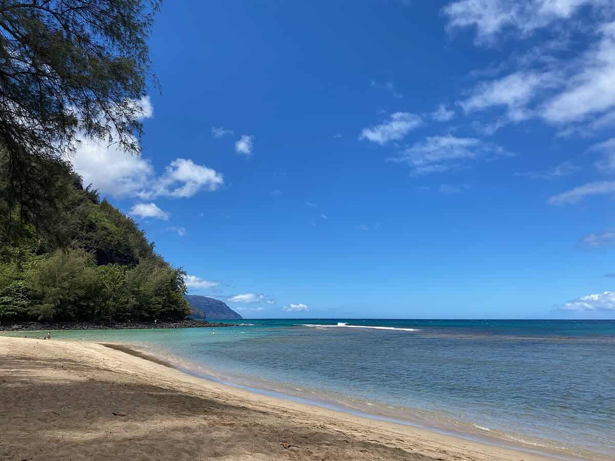 A sandy beach with clear blue water and gentle waves, bordered by lush green trees and hills, under a bright blue sky with scattered white clouds.