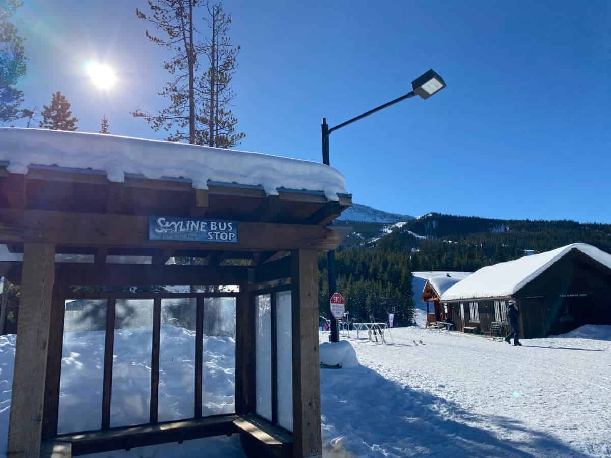 A snowy Skyline bus stop shelter with a mountain landscape and a nearby building in the background.